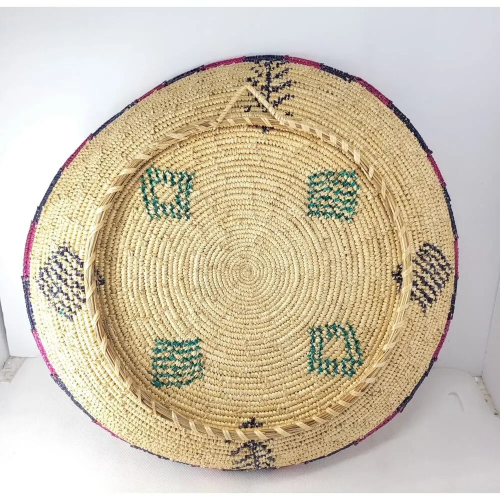 Handwoven Round Wicker Storage Basket Tray Large Beige Blue Pink Green Geometric